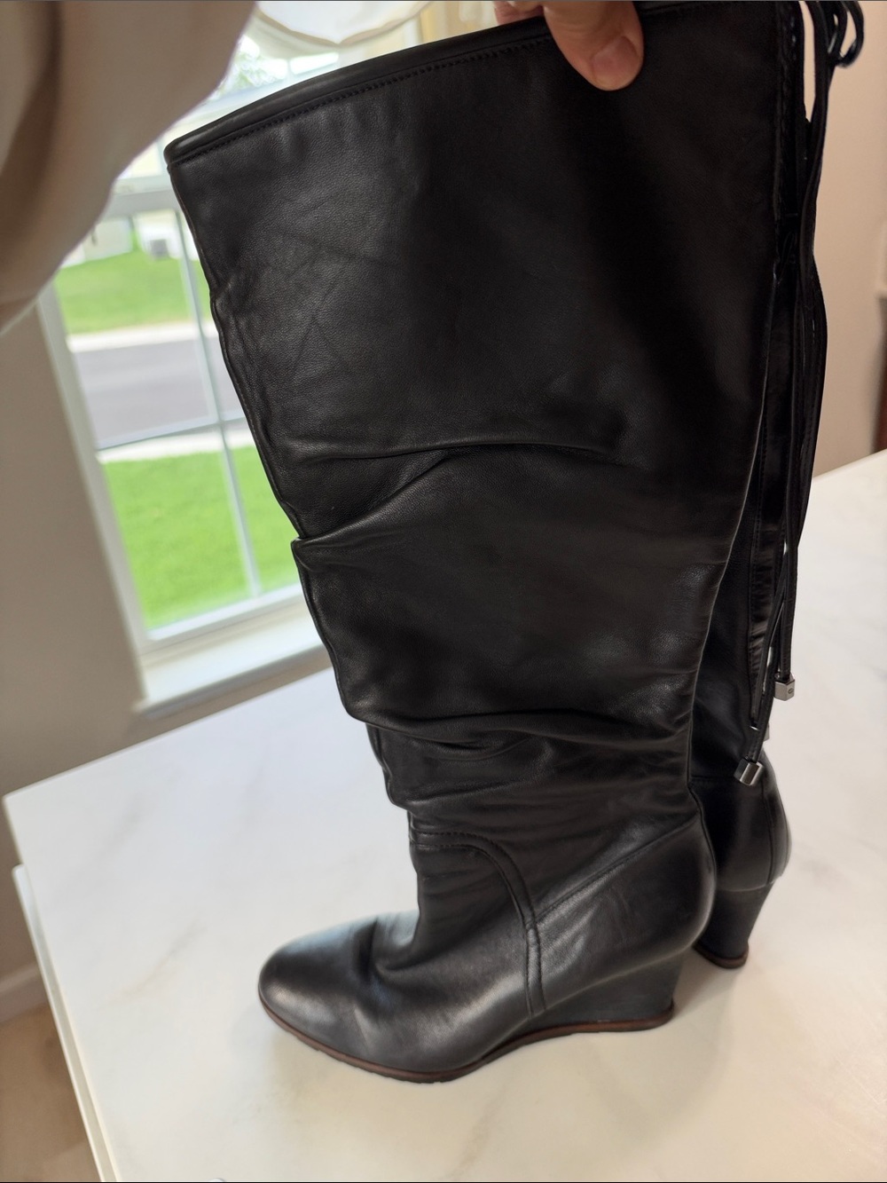 Women's Black Leather Knee-High Wedge Boots - Picture 2 of 15
